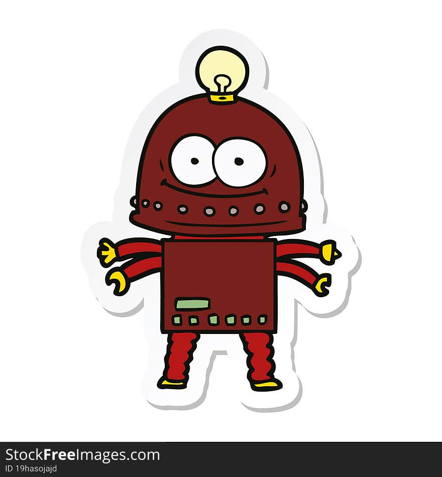 sticker of a happy carton robot with light bulb