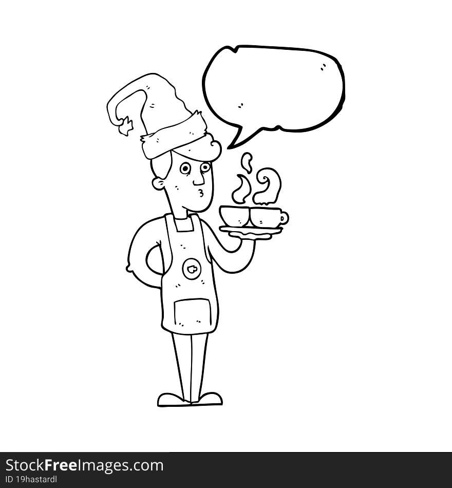 speech bubble cartoon barista serving coffee at christmas