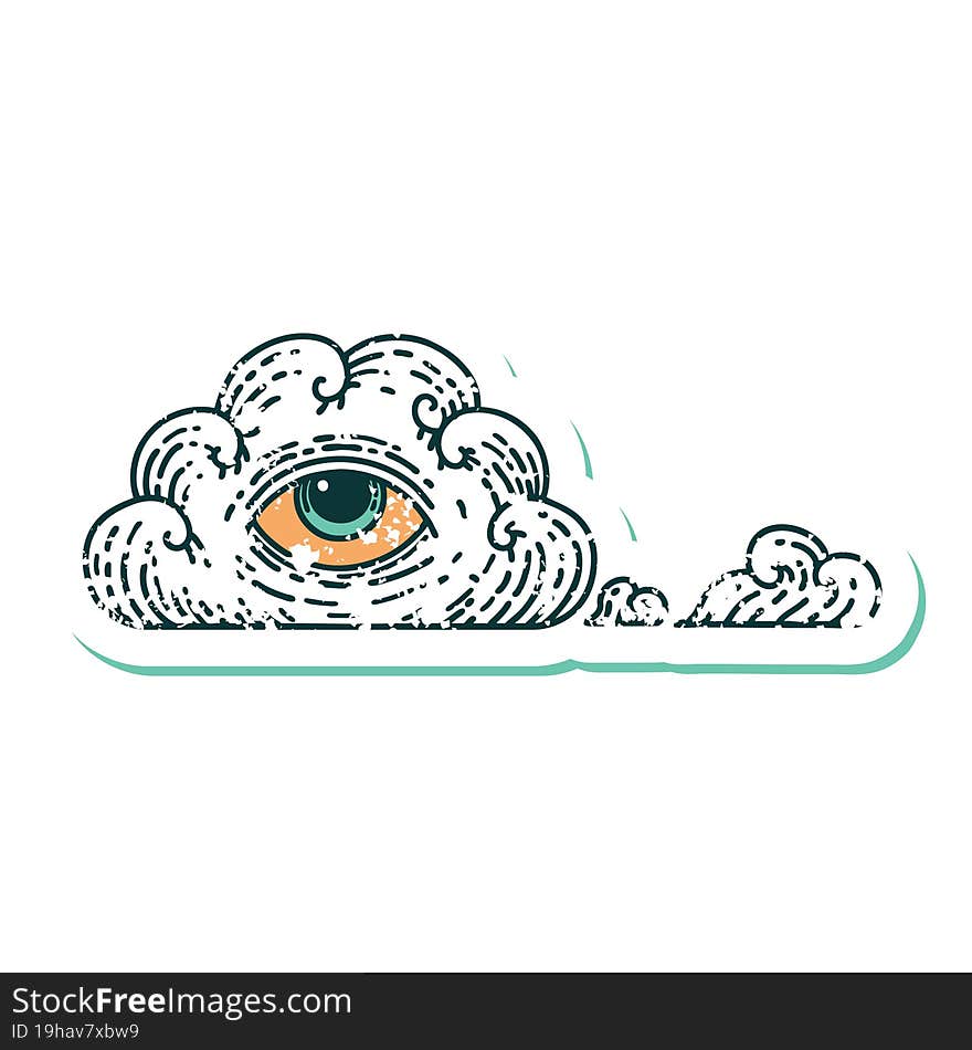 distressed sticker tattoo style icon of an all seeing eye cloud