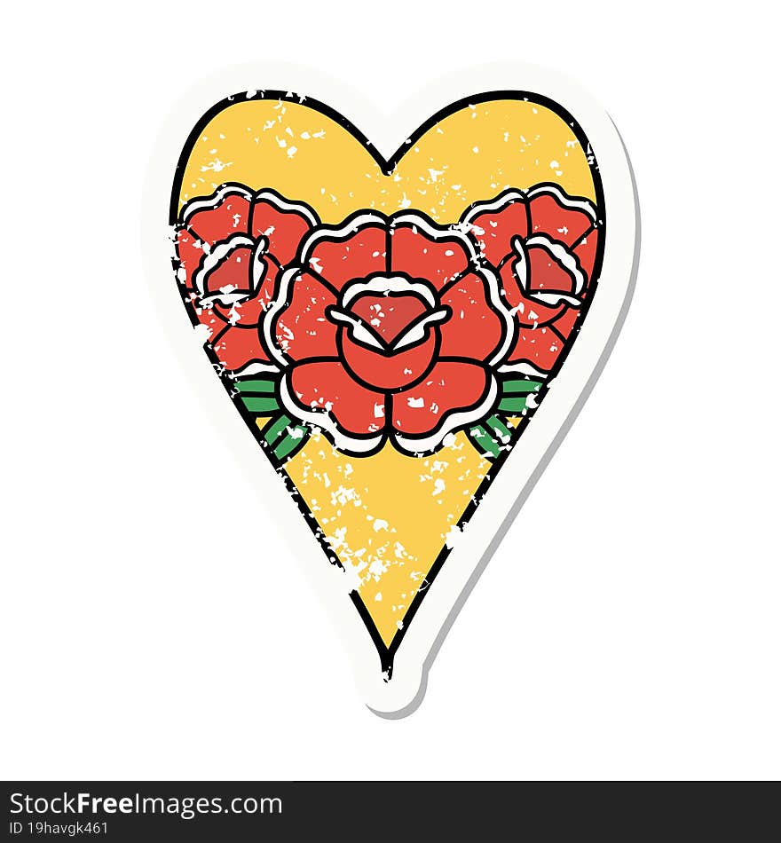 traditional distressed sticker tattoo of a heart and flowers