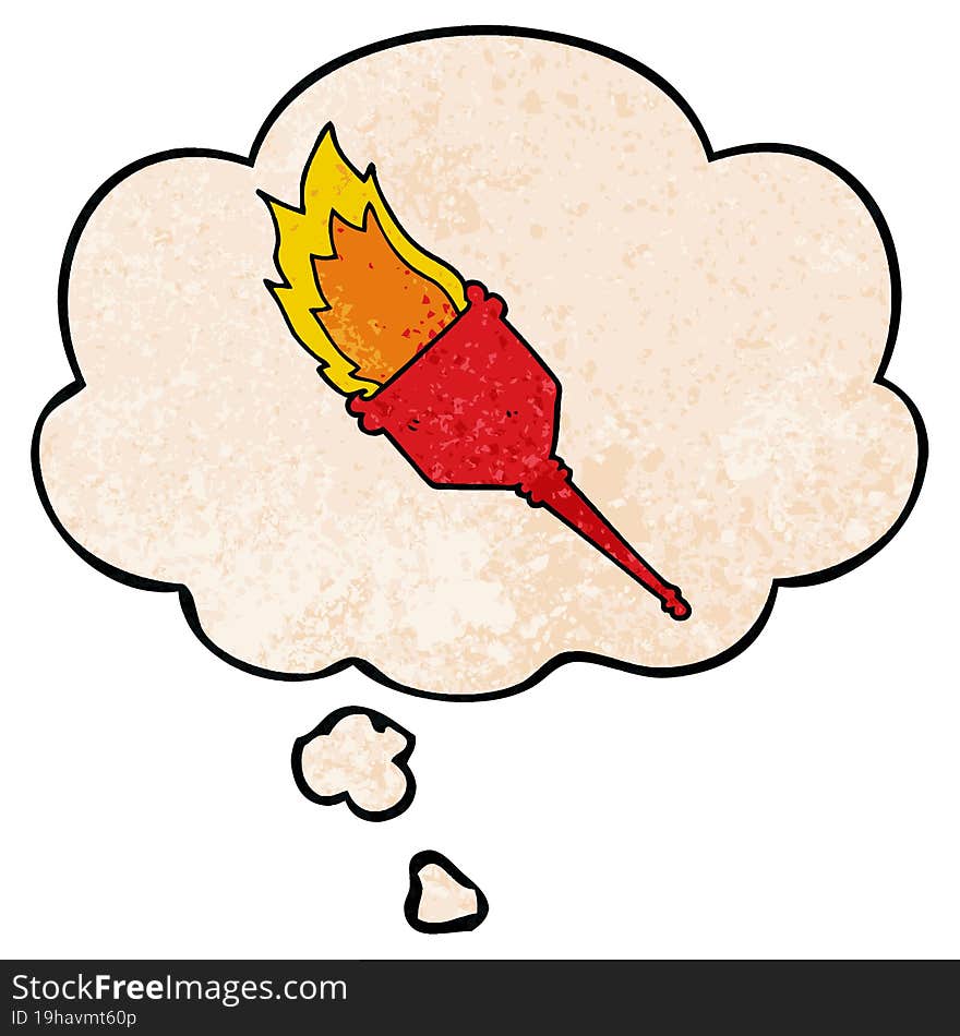 cartoon flaming torch and thought bubble in grunge texture pattern style