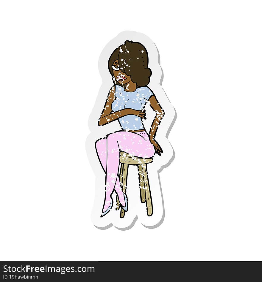 retro distressed sticker of a cartoon woman sitting on bar stool