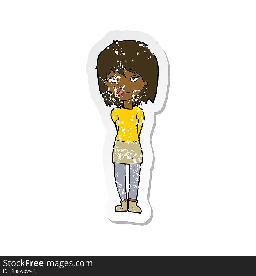 retro distressed sticker of a cartoon happy woman