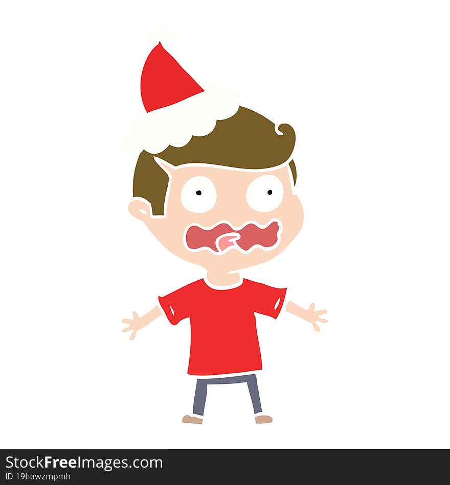 hand drawn flat color illustration of a man totally stressed out wearing santa hat