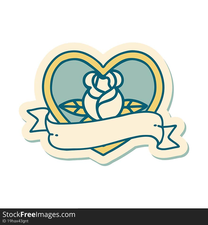 sticker of tattoo in traditional style of a heart rose and banner. sticker of tattoo in traditional style of a heart rose and banner