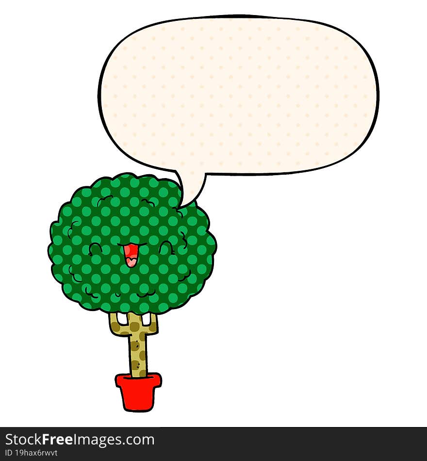 Cartoon Happy Tree And Speech Bubble In Comic Book Style