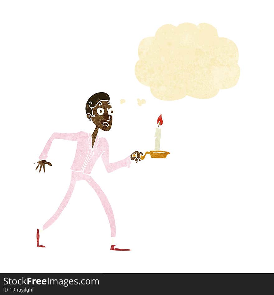 cartoon frightened man walking with candlestick with thought bubble