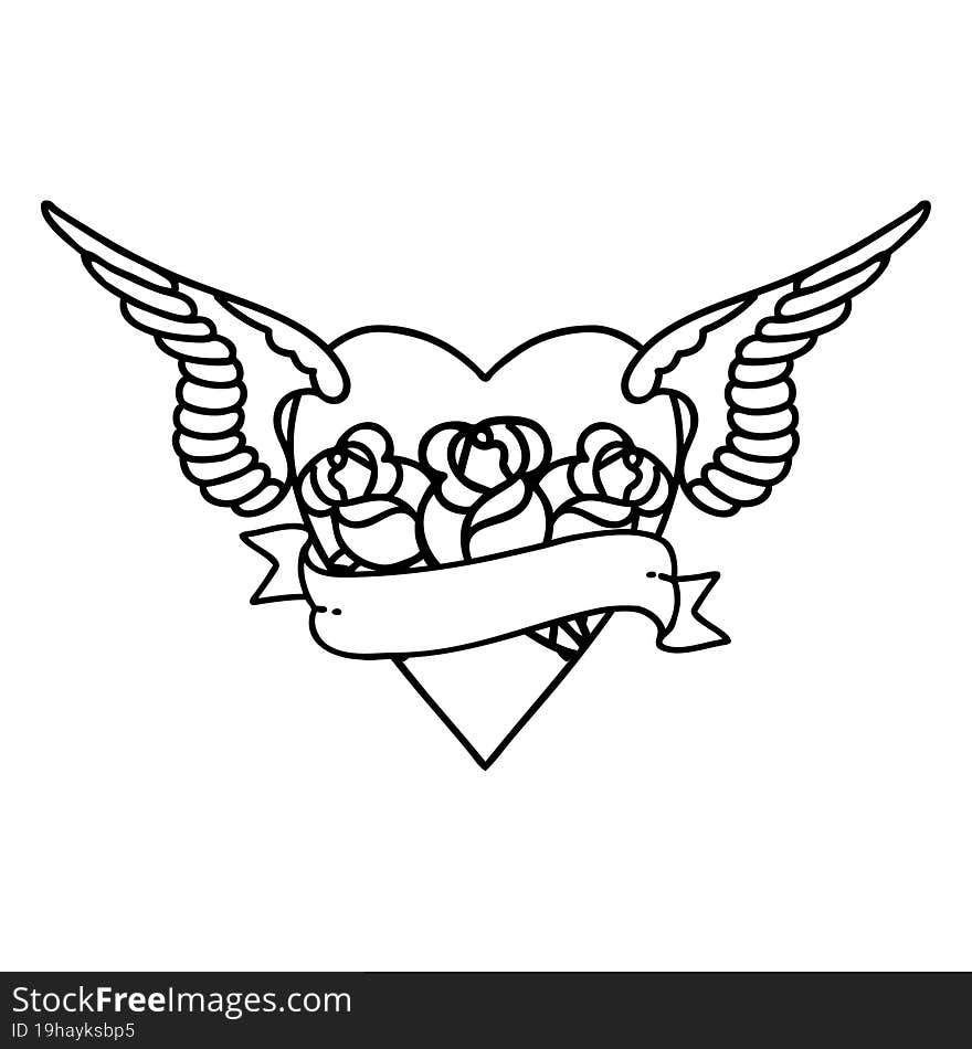 tattoo in black line style of heart with wings flowers and banner. tattoo in black line style of heart with wings flowers and banner