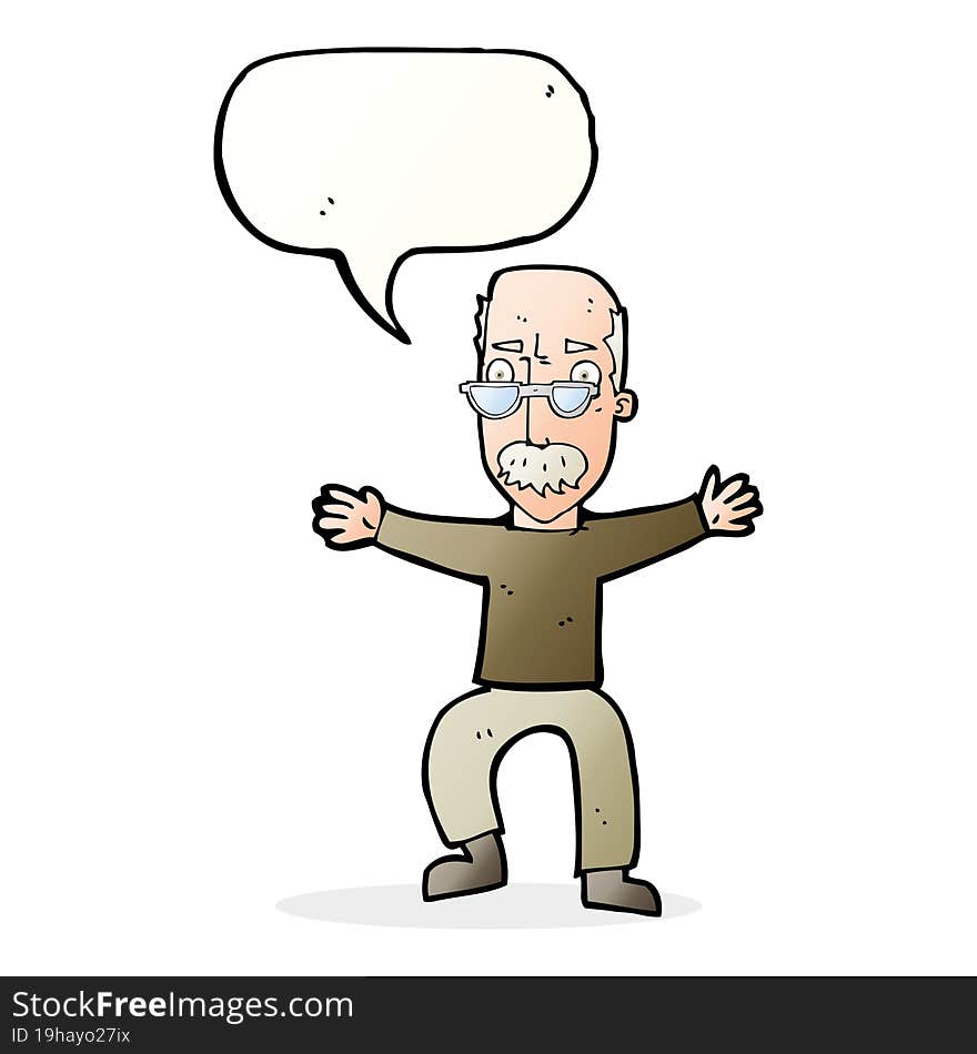 cartoon old man waving arms with speech bubble