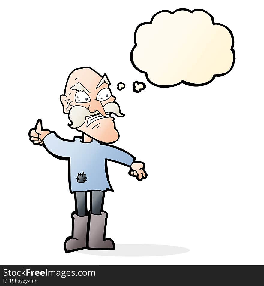 cartoon angry old man in patched clothing with thought bubble