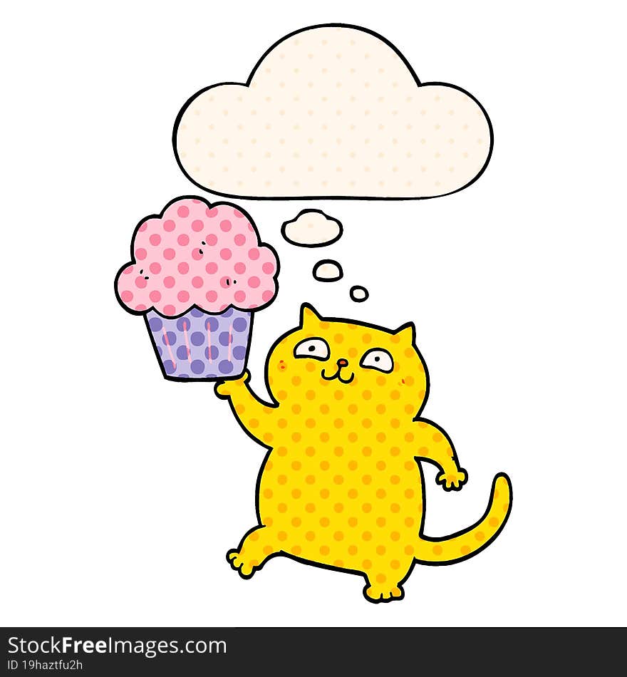 cartoon cat with cupcake with thought bubble in comic book style