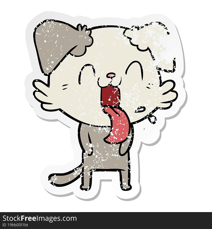 distressed sticker of a cartoon panting dog