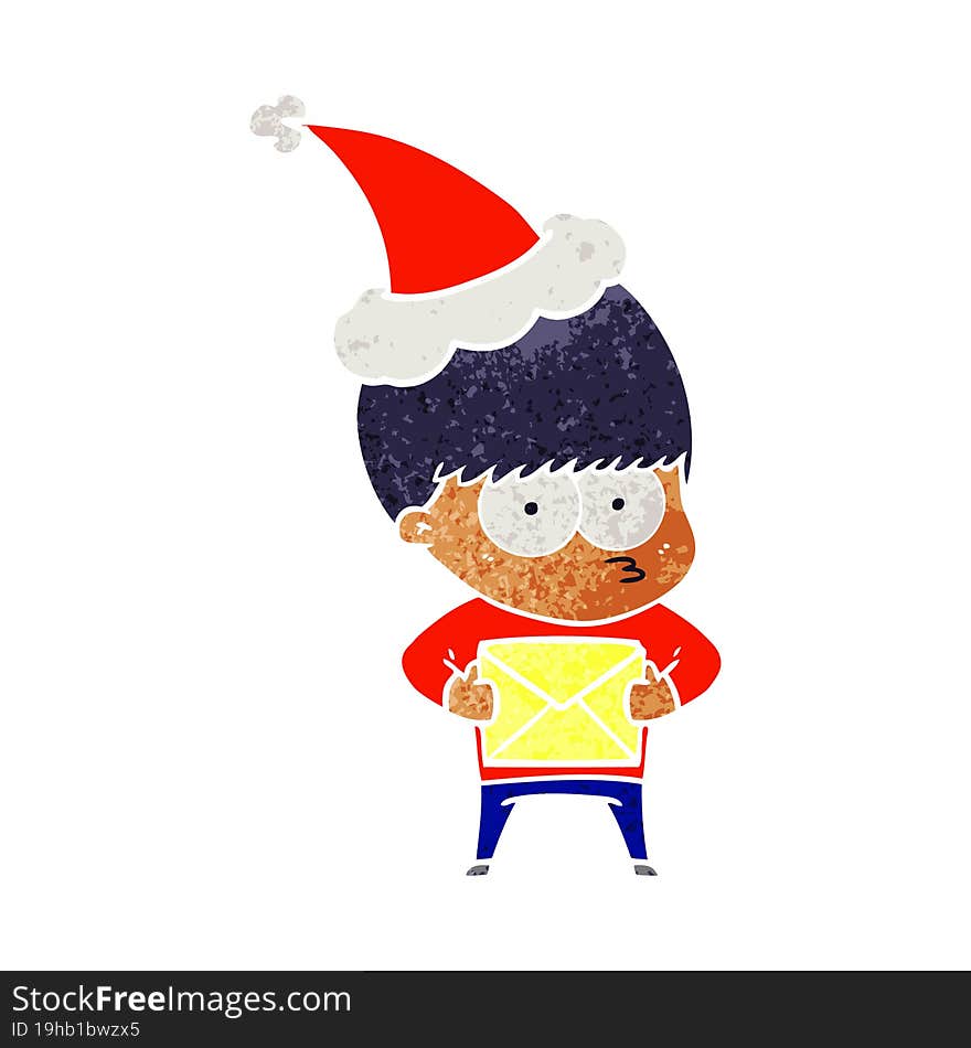 nervous retro cartoon of a boy wearing santa hat