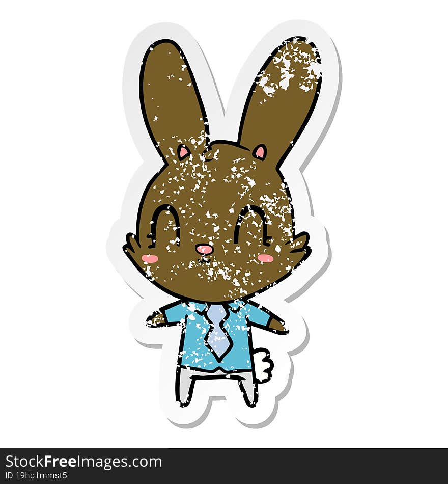 distressed sticker of a cute cartoon rabbit in shirt and tie