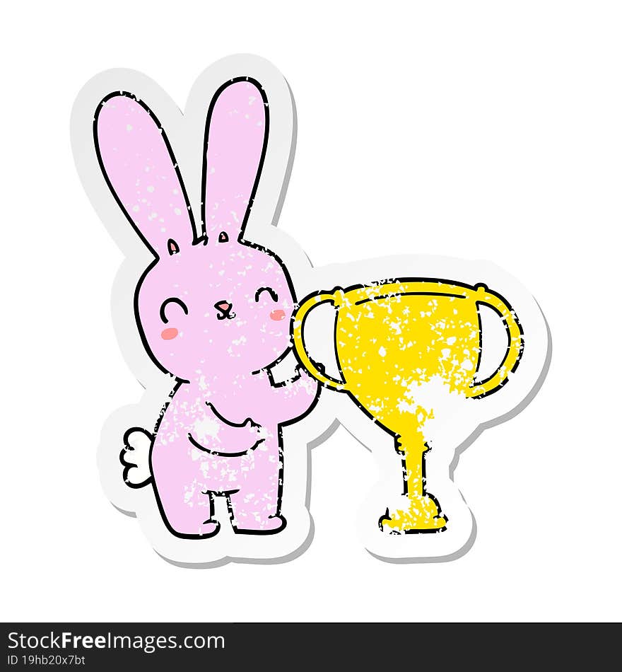 distressed sticker of a cute cartoon rabbit with sports trophy cup