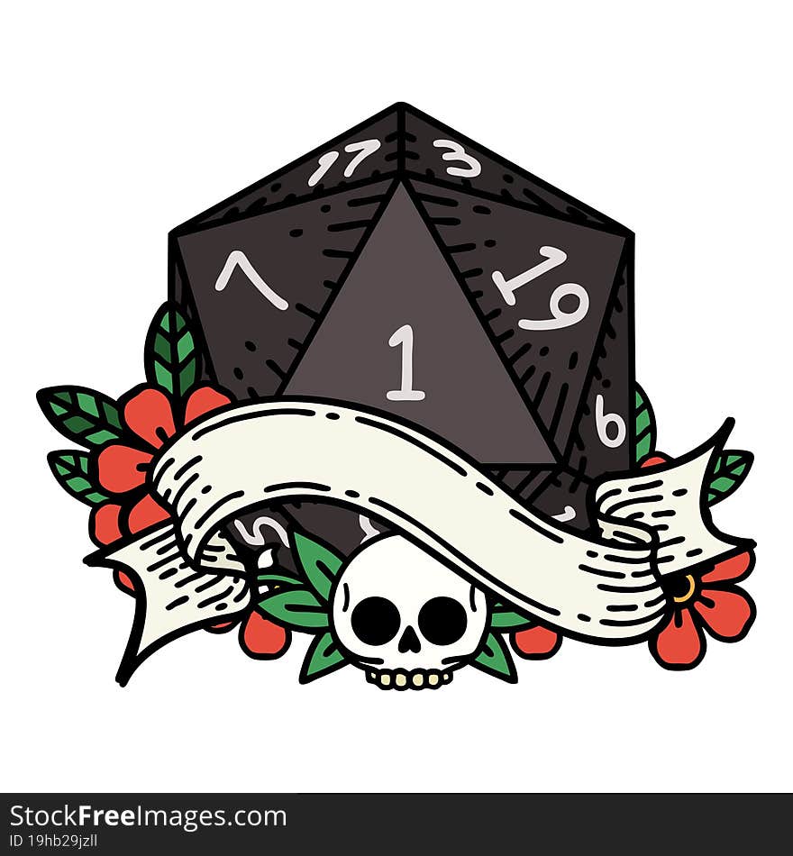 Retro Tattoo Style natural one d20 dice roll. Retro Tattoo Style natural one d20 dice roll