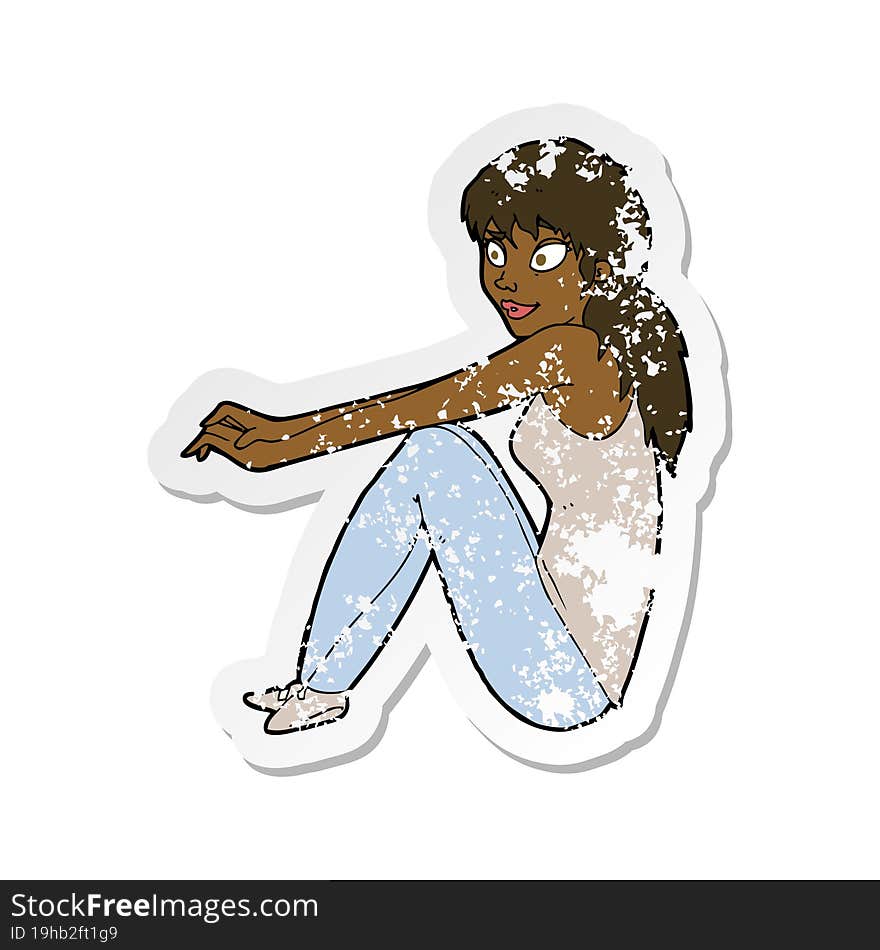 retro distressed sticker of a cartoon happy woman sitting