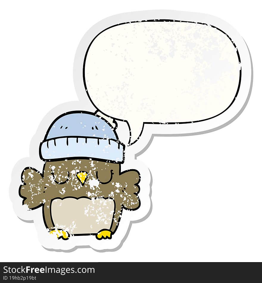 cute cartoon owl in hat with speech bubble distressed distressed old sticker. cute cartoon owl in hat with speech bubble distressed distressed old sticker