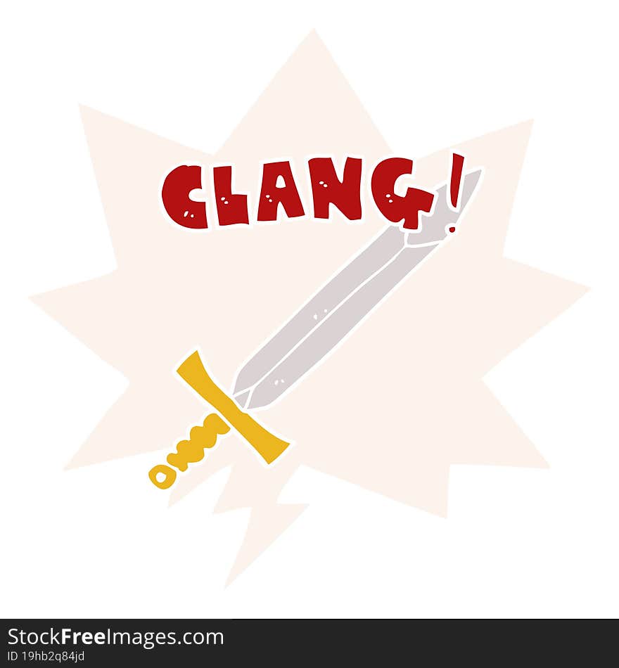 cartoon clanging sword and speech bubble in retro style