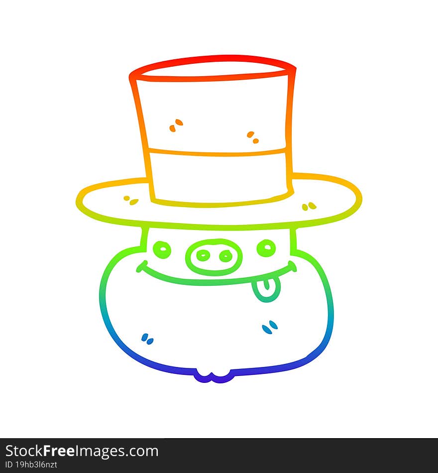 rainbow gradient line drawing cartoon pig wearing top hat