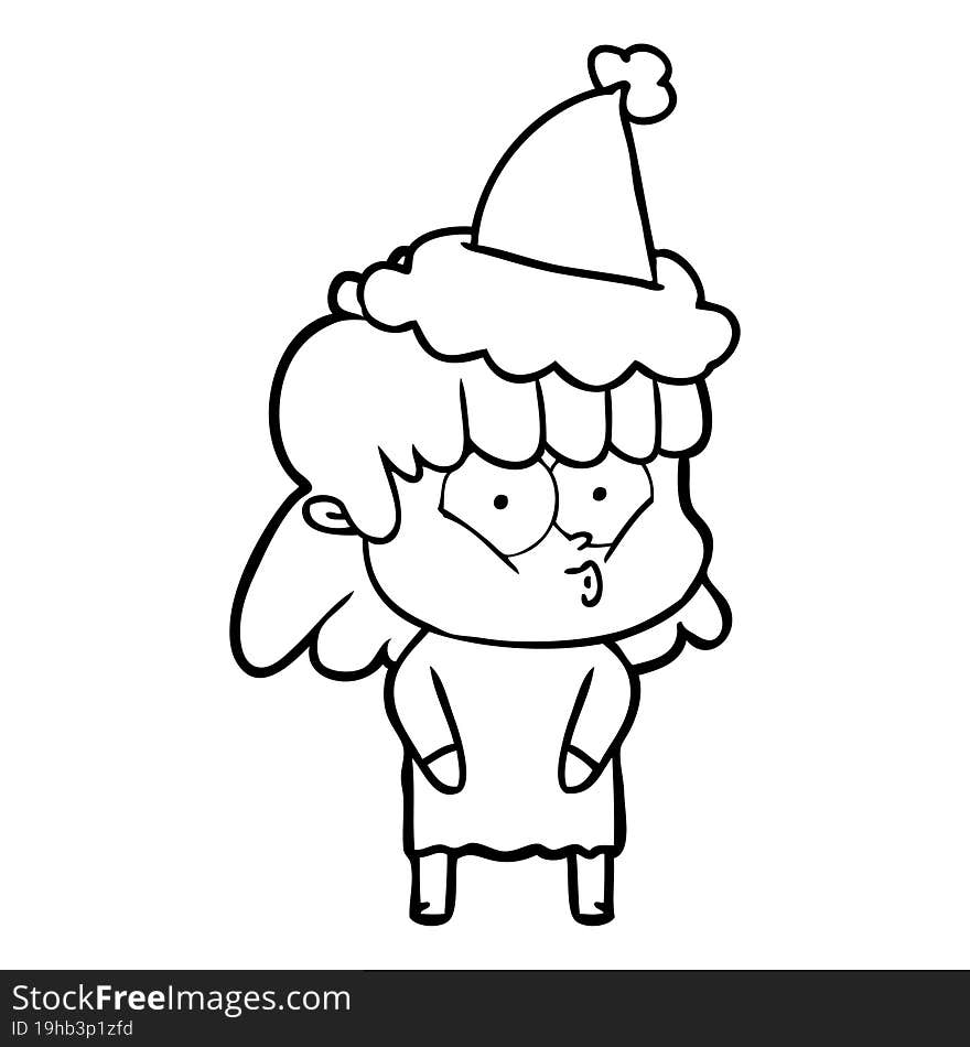 line drawing of a whistling girl wearing santa hat