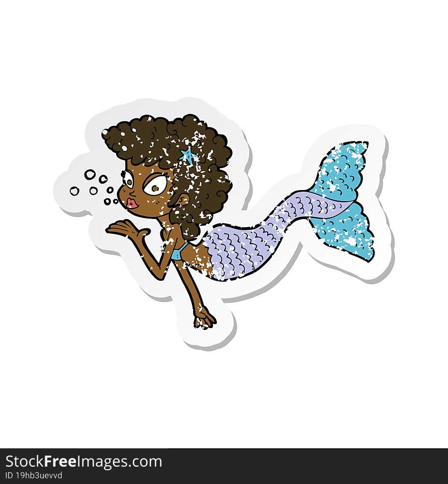 Retro Distressed Sticker Of A Cartoon Mermaid Blowing Kiss