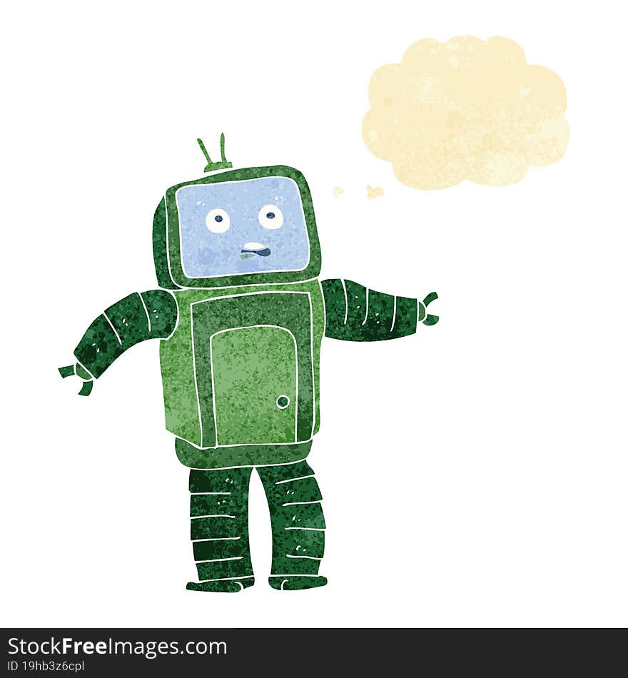 cartoon funny robot with thought bubble