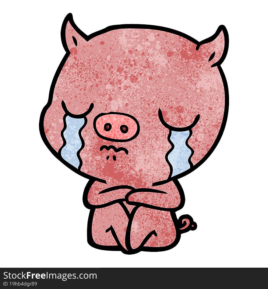 cartoon sitting pig crying. cartoon sitting pig crying