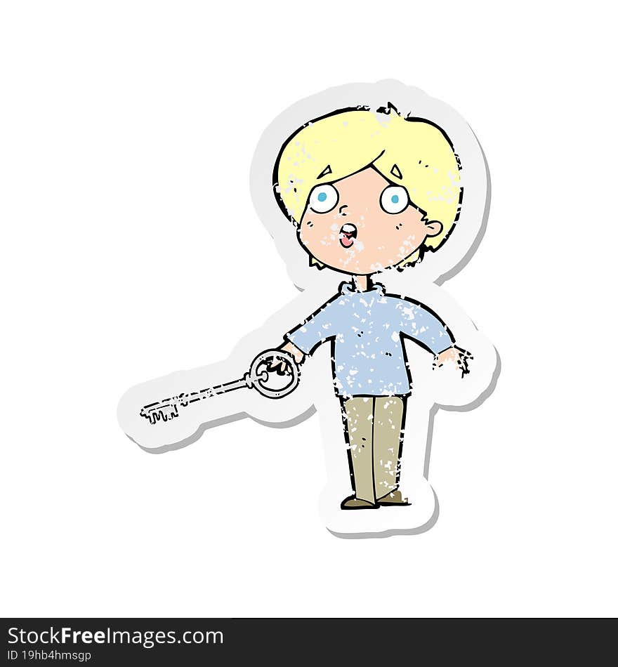 retro distressed sticker of a cartoon boy with key