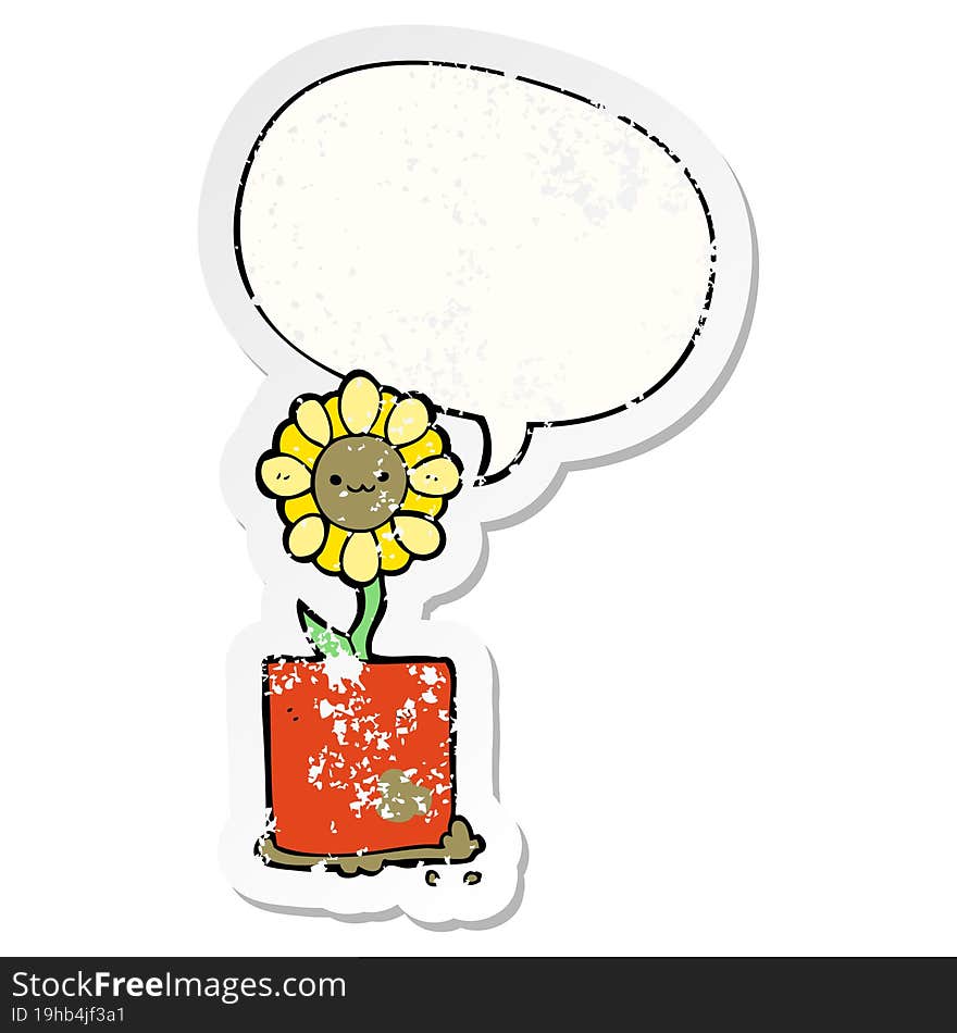 cute cartoon flower and speech bubble distressed sticker