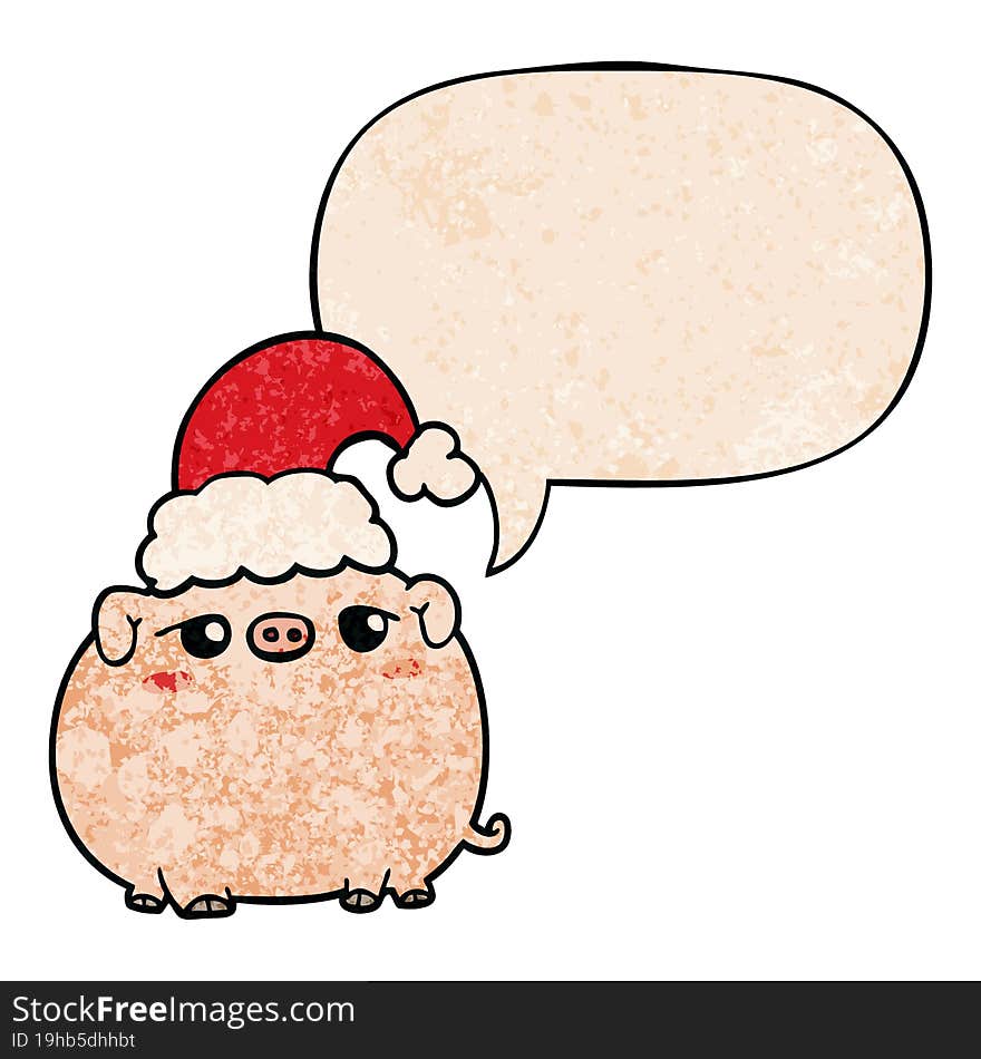 cartoon pig wearing christmas hat and speech bubble in retro texture style