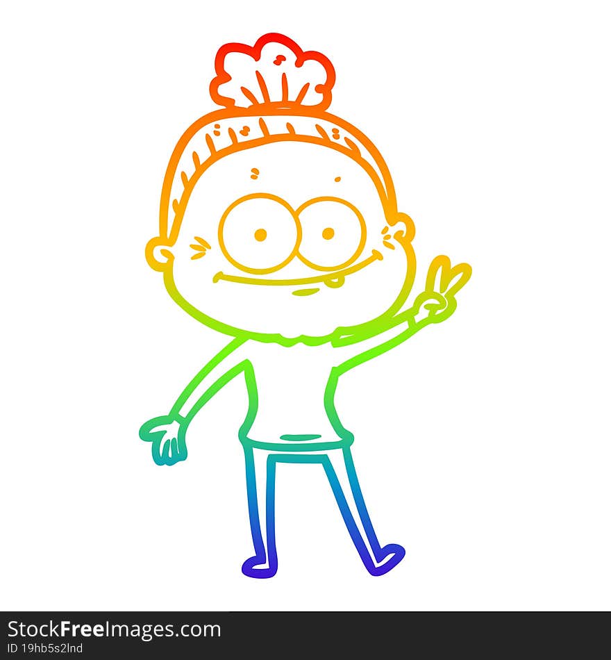 rainbow gradient line drawing of a cartoon happy old woman