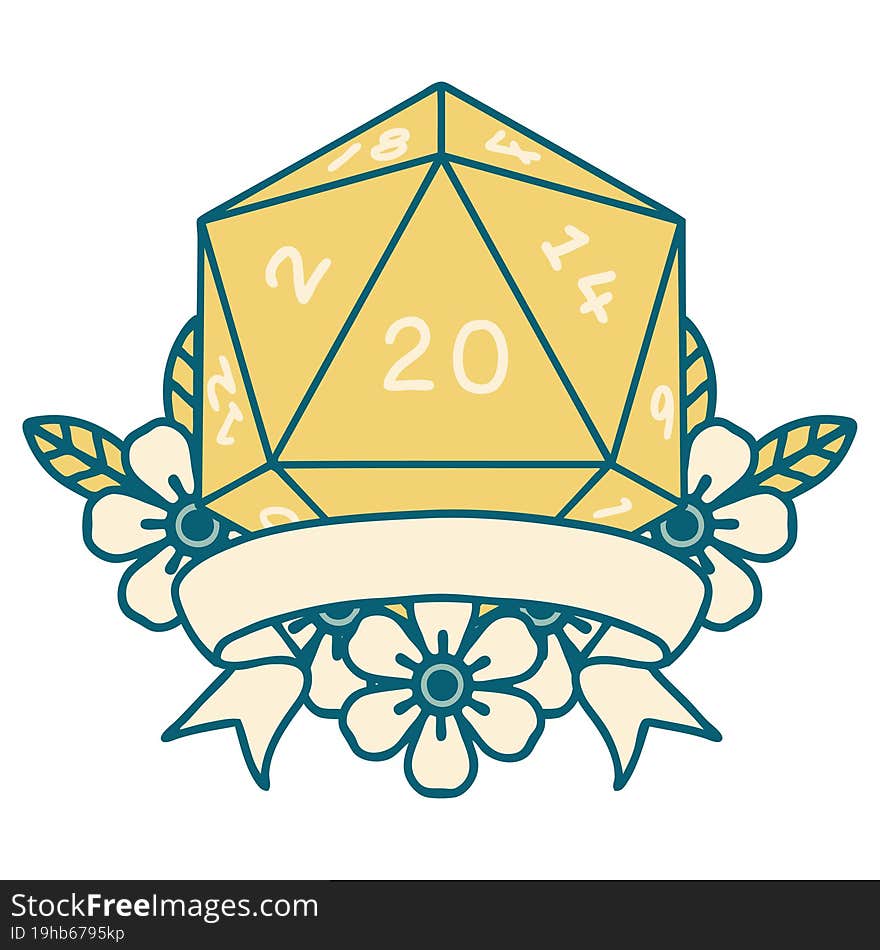 Retro Tattoo Style natural 20 critical hit D20 dice roll. Retro Tattoo Style natural 20 critical hit D20 dice roll