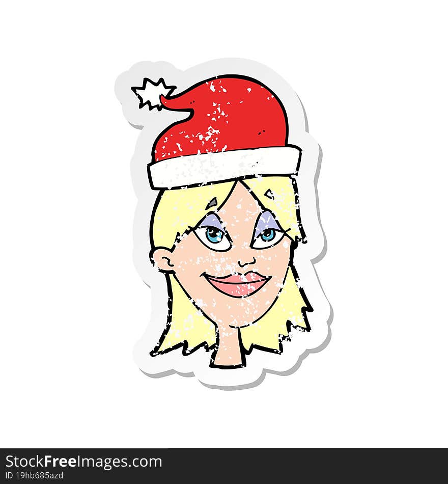 retro distressed sticker of a cartoon woman ready for christmas