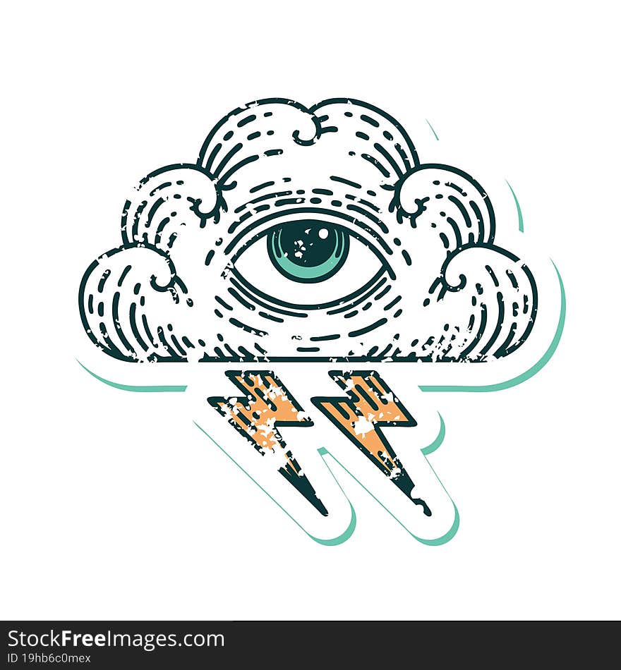 distressed sticker tattoo style icon of an all seeing eye cloud