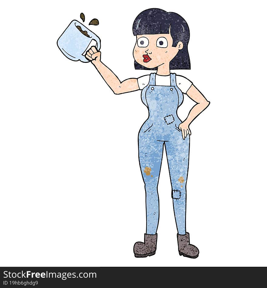 textured cartoon female worker with coffee mug