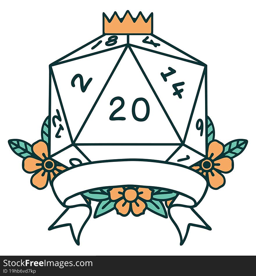 Retro Tattoo Style natural 20 critical hit D20 dice roll. Retro Tattoo Style natural 20 critical hit D20 dice roll