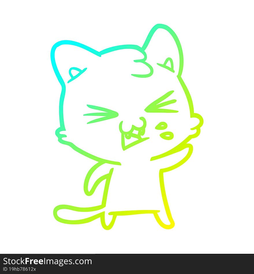 cold gradient line drawing of a cartoon cat hissing