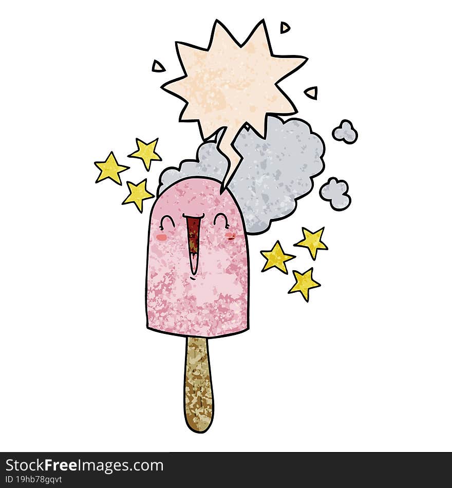 cute cartoon ice lolly and speech bubble in retro texture style