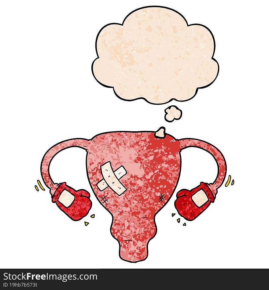 cartoon beat up uterus with boxing gloves with thought bubble in grunge texture style. cartoon beat up uterus with boxing gloves with thought bubble in grunge texture style