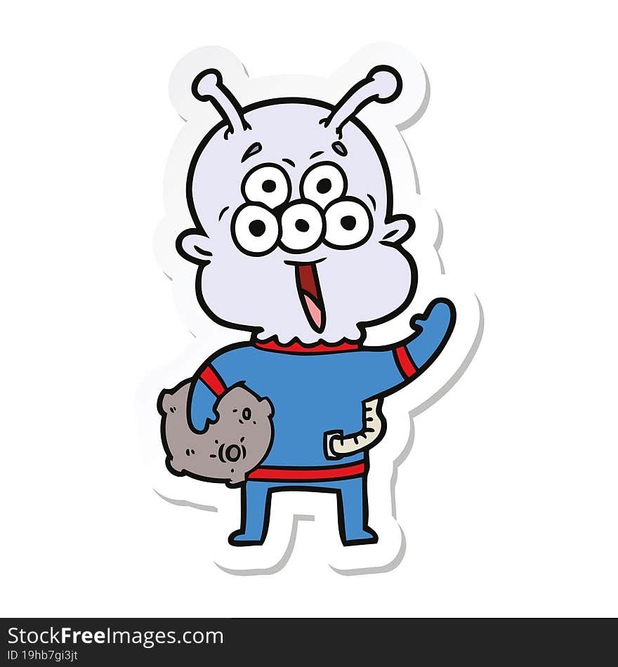 sticker of a happy cartoon alien with moon rock