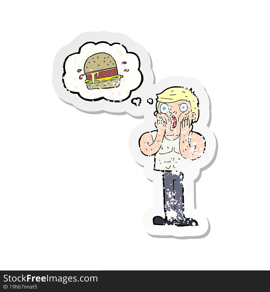 retro distressed sticker of a cartoon shocked man thinking about junk food