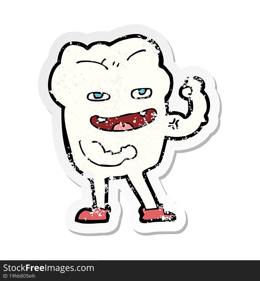 Retro Distressed Sticker Of A Cartoon Strong Healthy Tooth