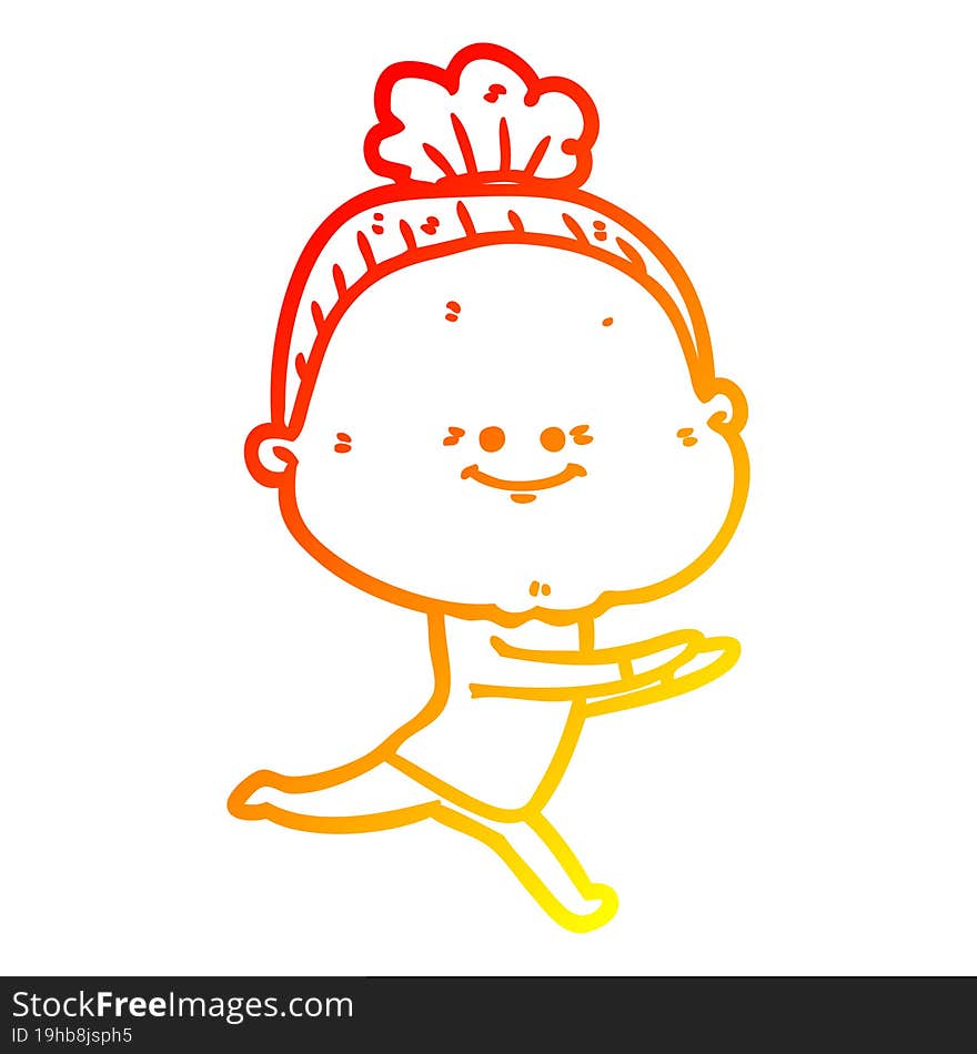 warm gradient line drawing of a cartoon happy old woman