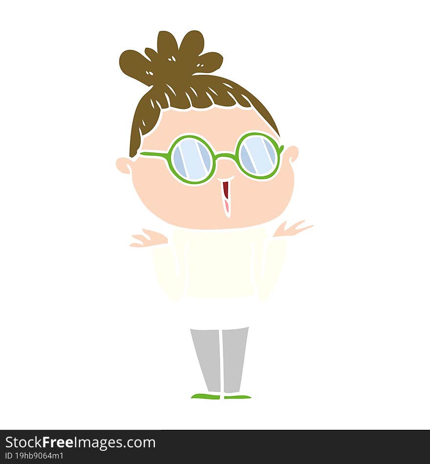 Flat Color Style Cartoon Shrugging Woman Wearing Spectacles