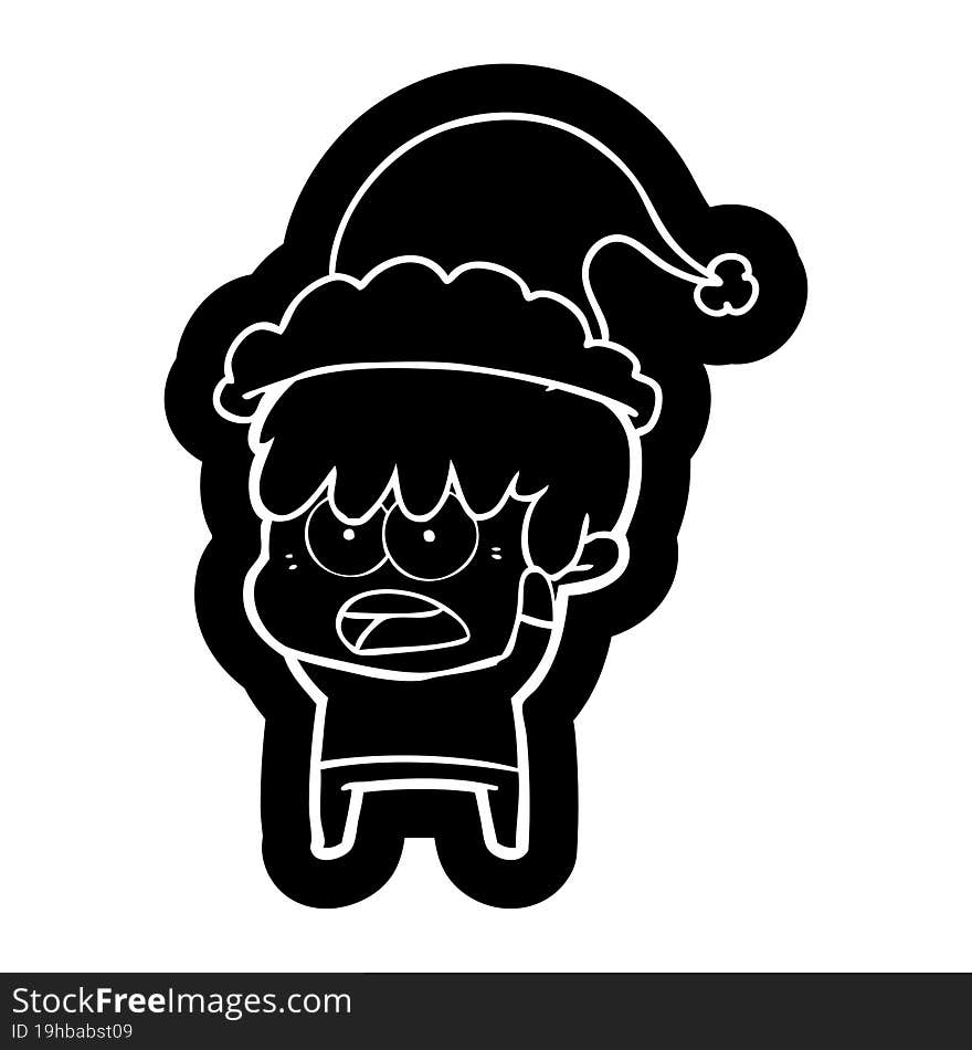 worried cartoon icon of a boy wearing santa hat