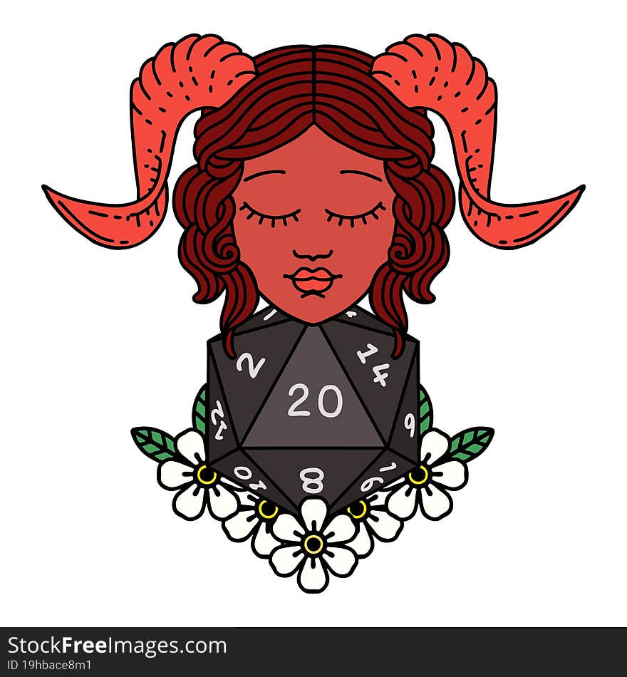 Retro Tattoo Style tiefling with natural twenty dice roll. Retro Tattoo Style tiefling with natural twenty dice roll