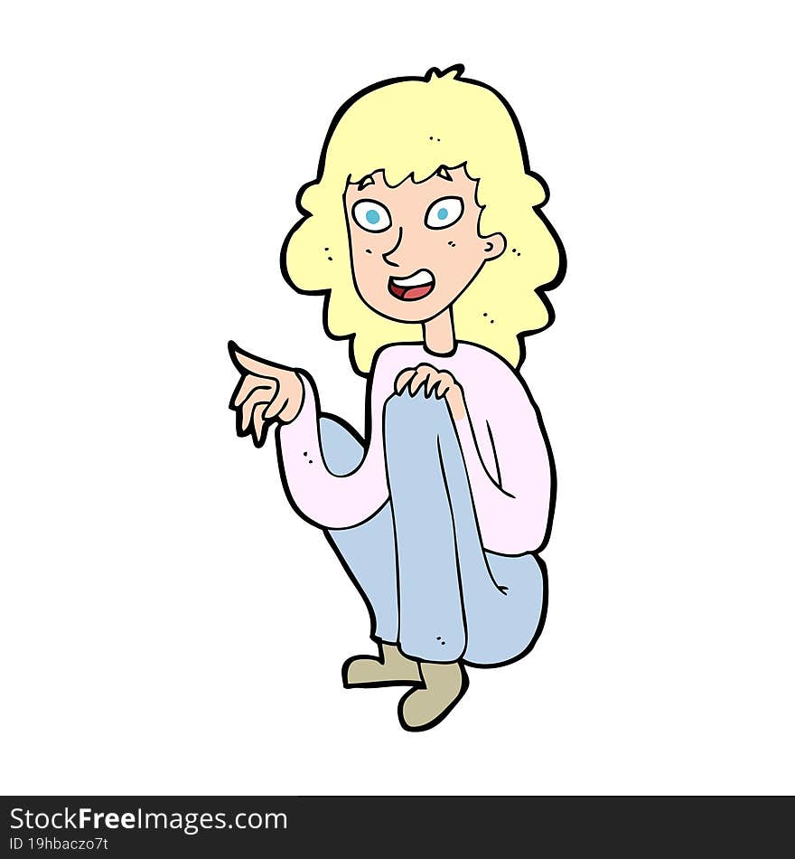 cartoon happy woman sitting and pointing