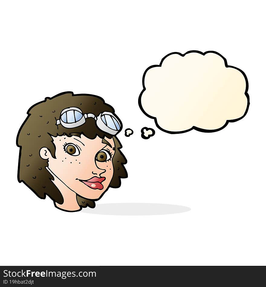 cartoon happy woman wearing aviator goggles with thought bubble