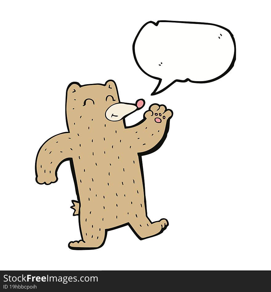 cartoon waving bear with speech bubble